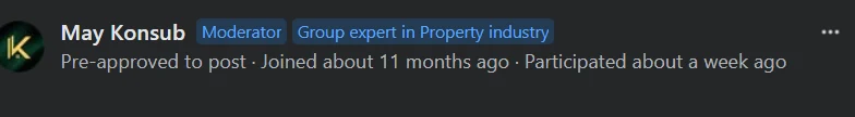 A member profile marked 'Pre-approved to post' inside a Facebook group